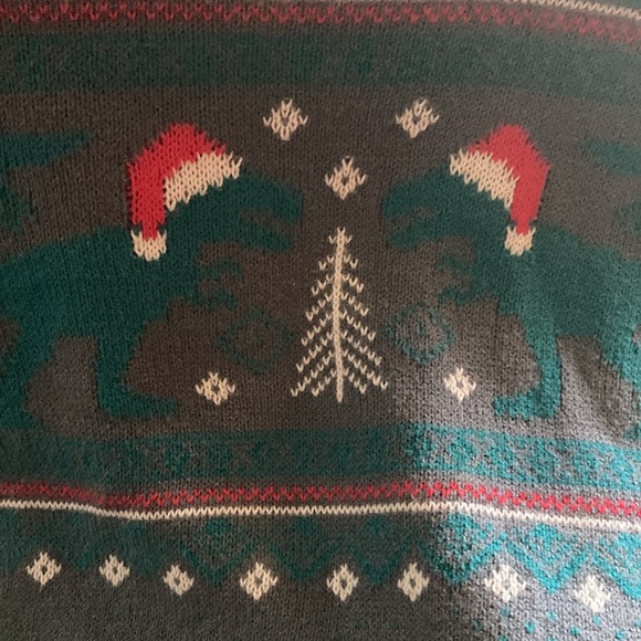 Boys Christmas Sweater Size Large Dinosaurs wearing Santa Hat - Picture 4 of 6